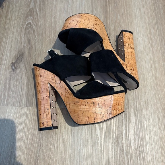 Zara Woman Black Suede Cork Platform Heels Studded Block Heel Sandals Size EU 39 - Picture 3 of 6
